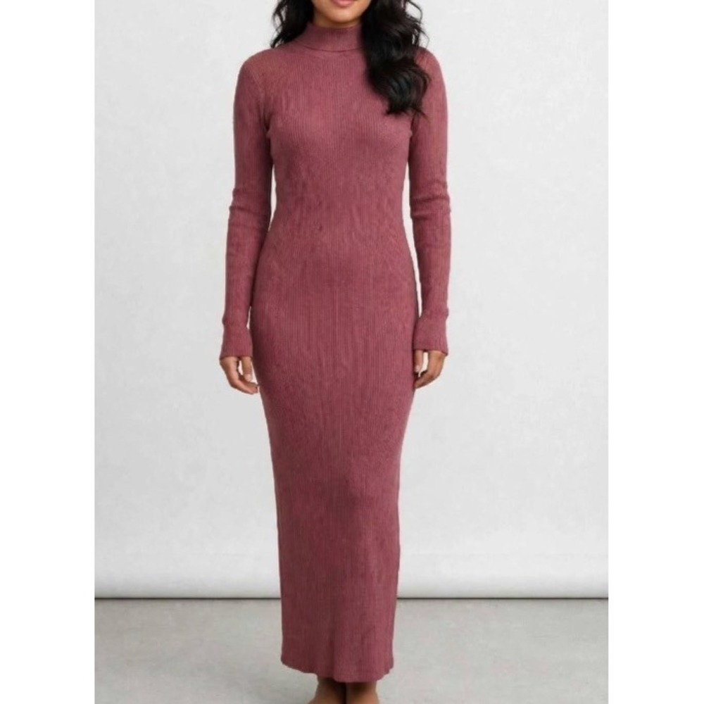 Forever 21 Bodycon Ribbed Maxi Dress Womens M Mauve Long Sleeve Minimalist NWOT